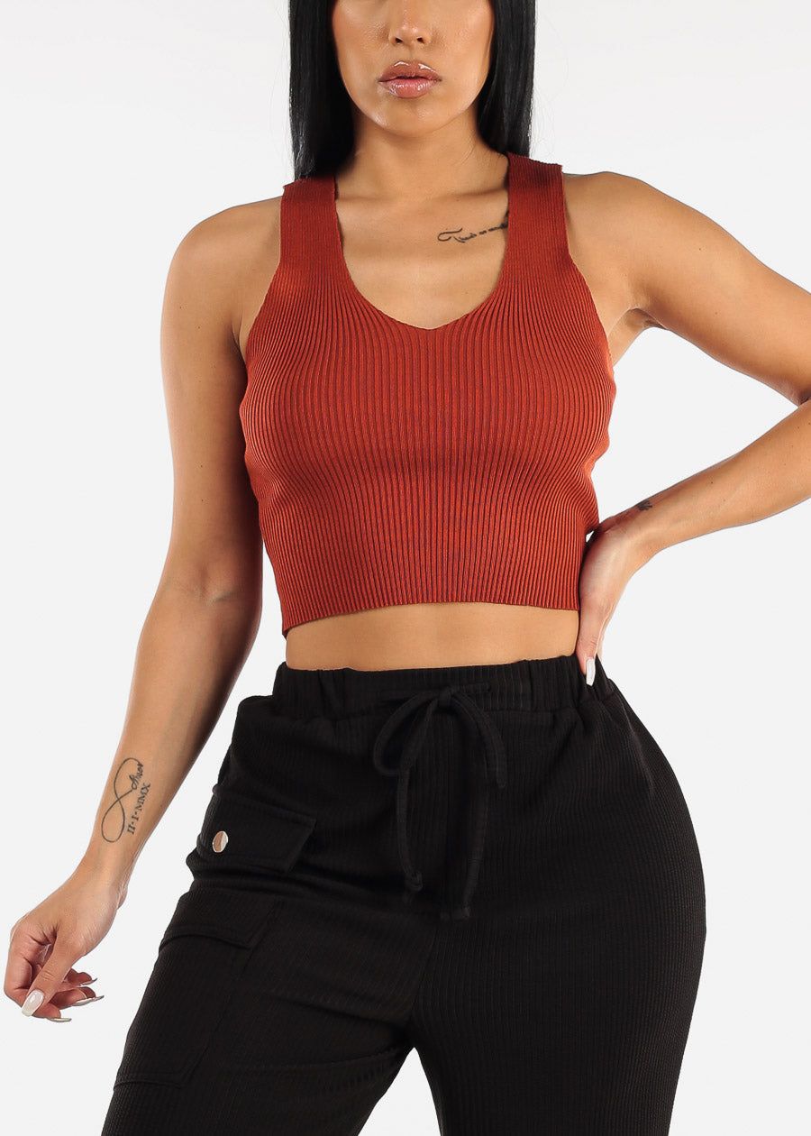 Open Lace Up Back Ribbed Knit Top Rust sold by Moda product image thumbnail 3