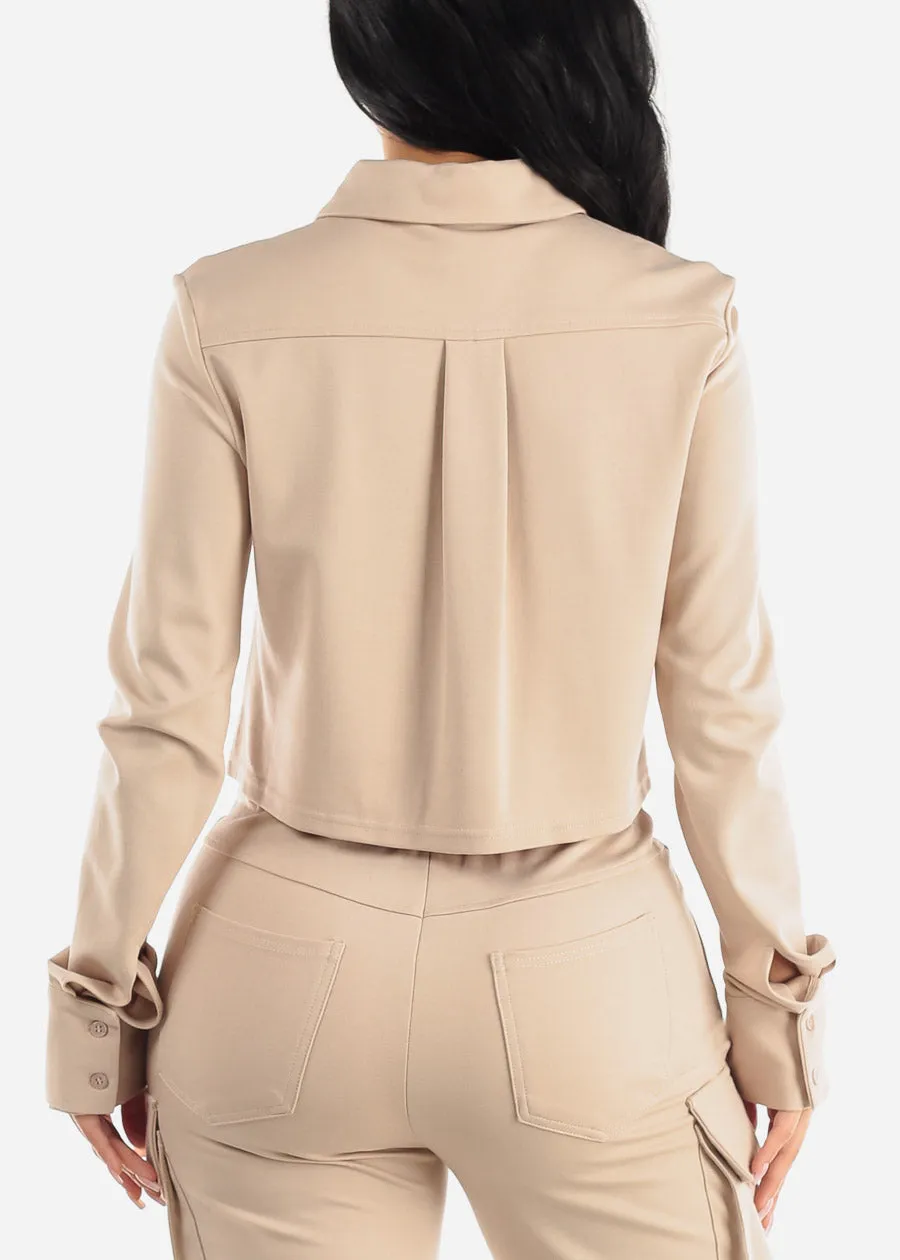 Crop Long Sleeve Button Up Shirt Beige sold by Moda product image thumbnail 4