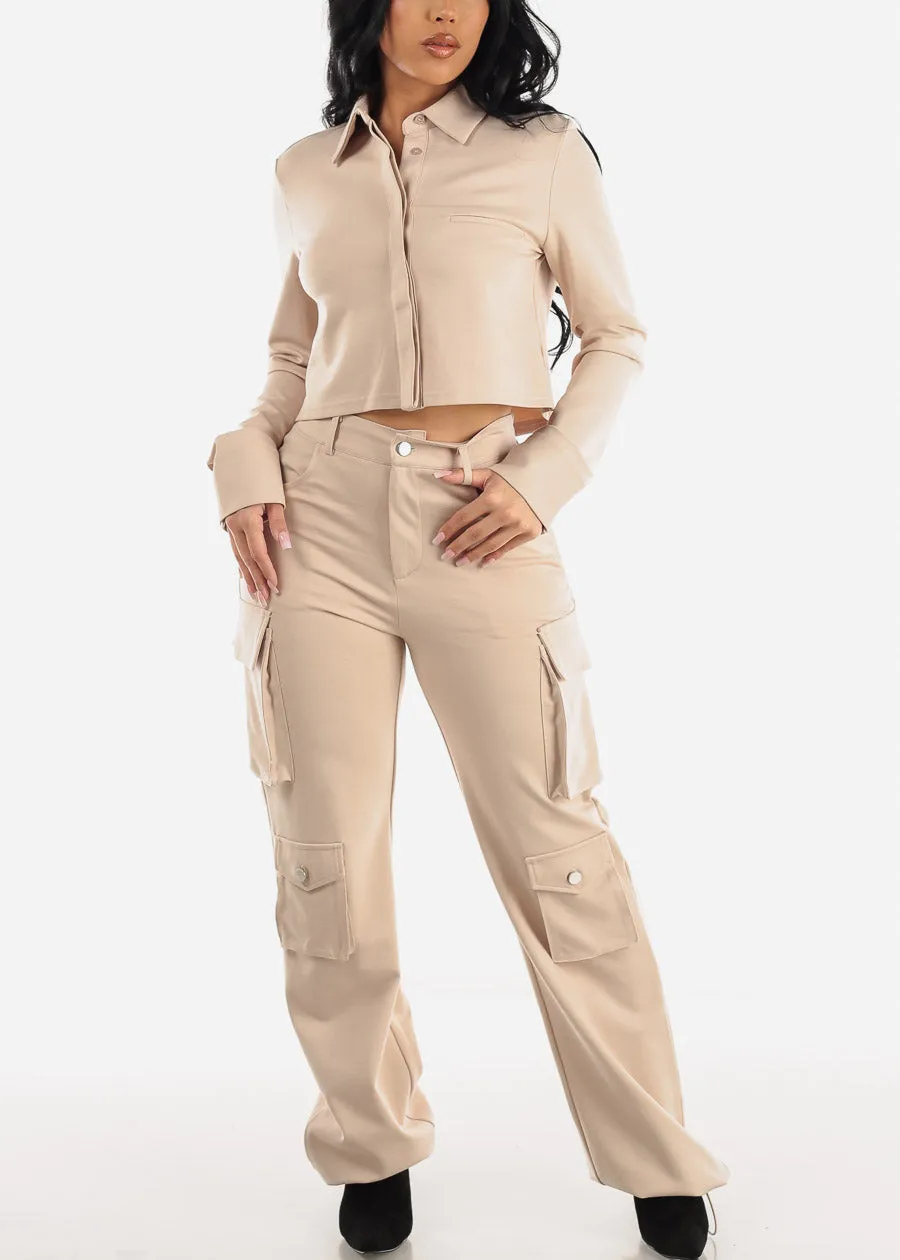 Crop Long Sleeve Button Up Shirt Beige sold by Moda product image thumbnail 2