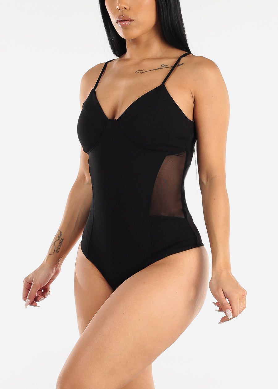 Sweetheart Neckline Black Bodysuit w Mesh Sides sold by Moda