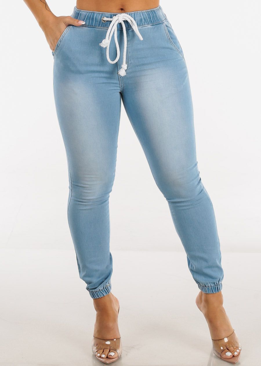 High Waist Drawstring Denim Cargo Joggers Light Blue sold by Moda