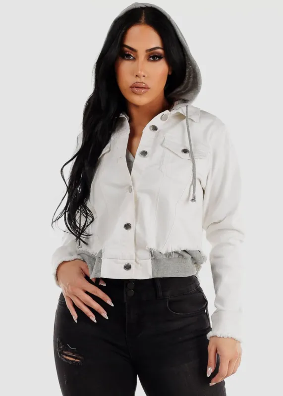 White Super Stretch Hooded Button Up Denim Jacket sold by Moda