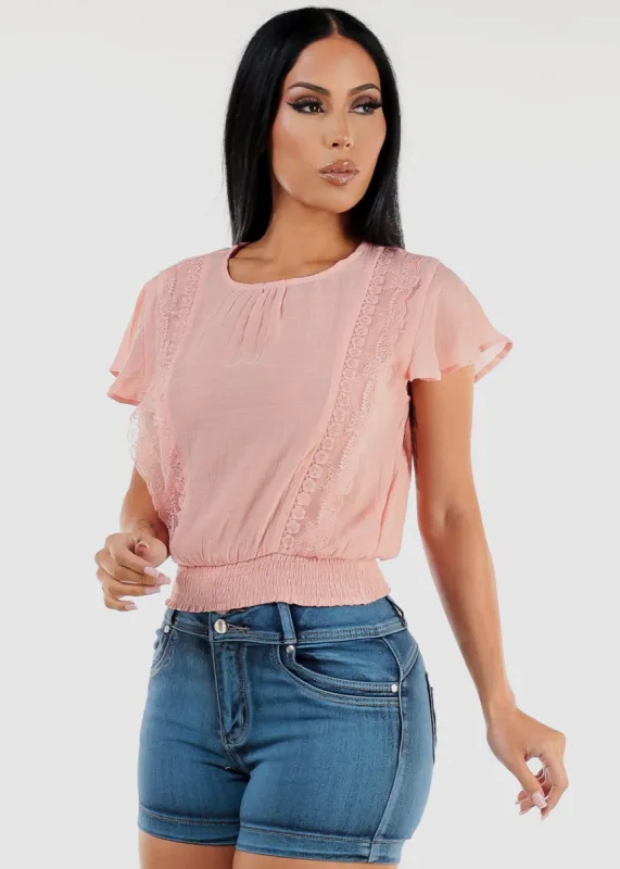 Short Sleeve Lace Trim Smocked Waist Top Light Pink sold by Moda