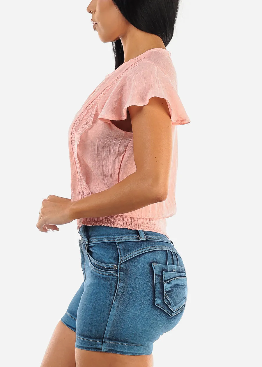 Short Sleeve Lace Trim Smocked Waist Top Light Pink sold by Moda product image thumbnail 3