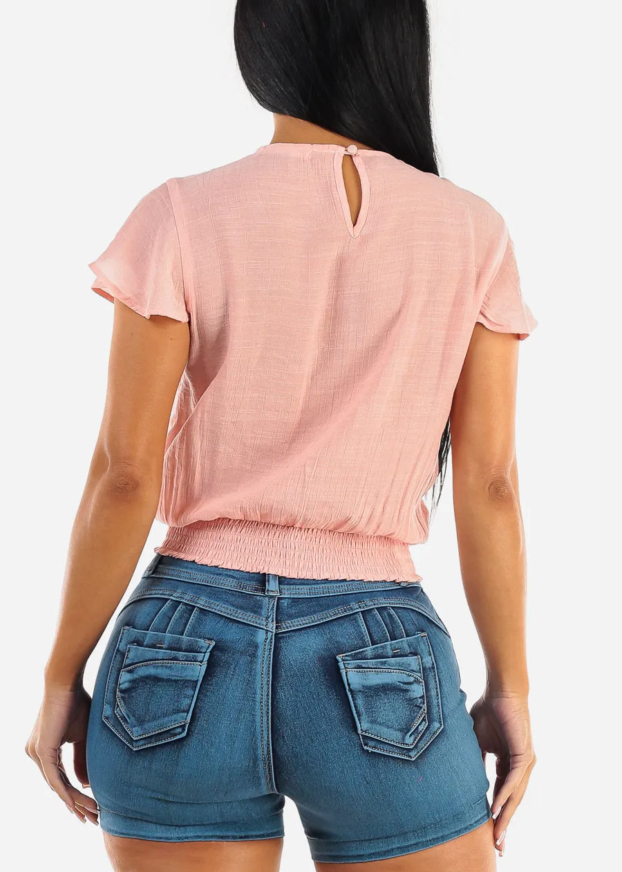 Short Sleeve Lace Trim Smocked Waist Top Light Pink sold by Moda product image thumbnail 4