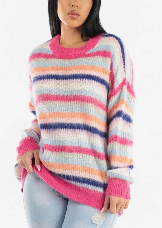 Long Sleeve Multicolor Soft Knit Stripe Tunic Sweater sold by Moda
