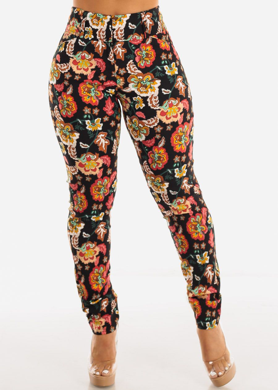 Black High Waisted Floral Dressy Skinny Pants sold by Moda