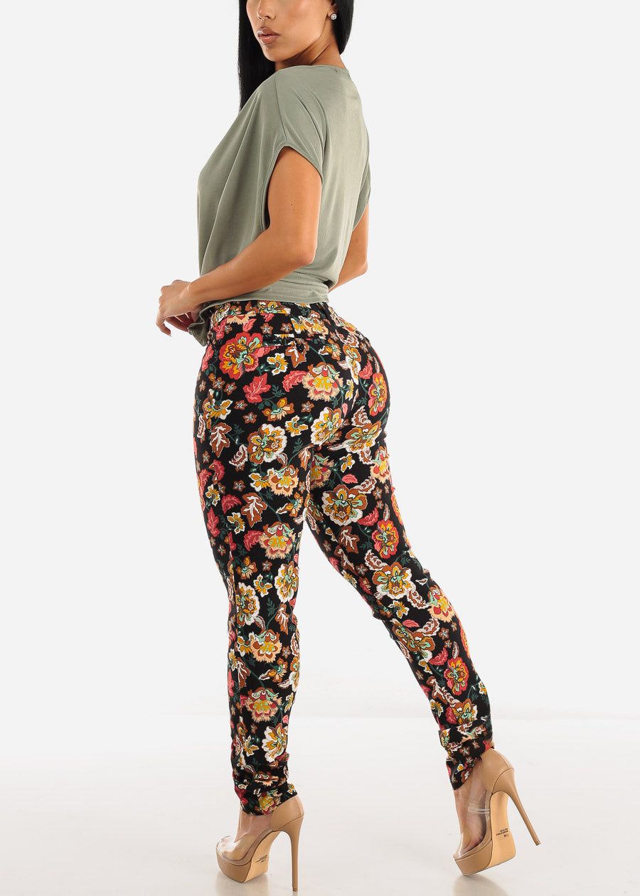 Black High Waisted Floral Dressy Skinny Pants sold by Moda product image thumbnail 5