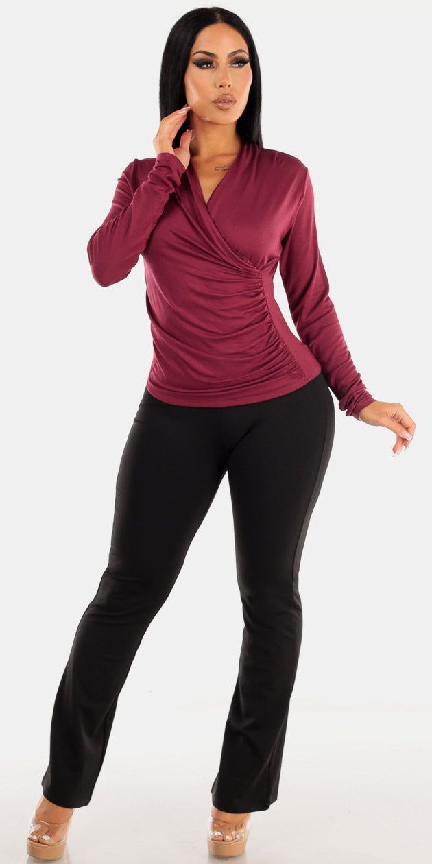 High Rise Black Flared Dress Pants with Long Sleeve Surplice Burgundy Blouse sold by Moda