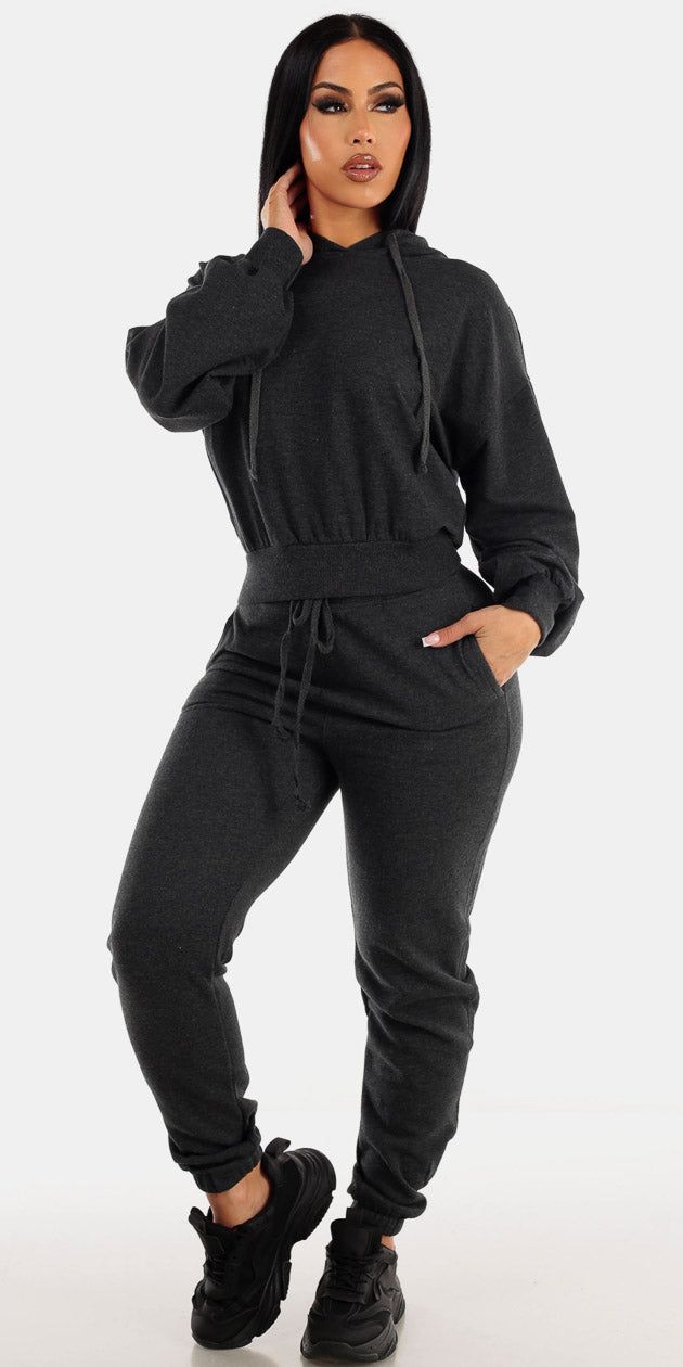 Drawstring Waist Charcoal Jogger Pants with Long Sleeve Charcoal Pullover Hoodie sold by Moda