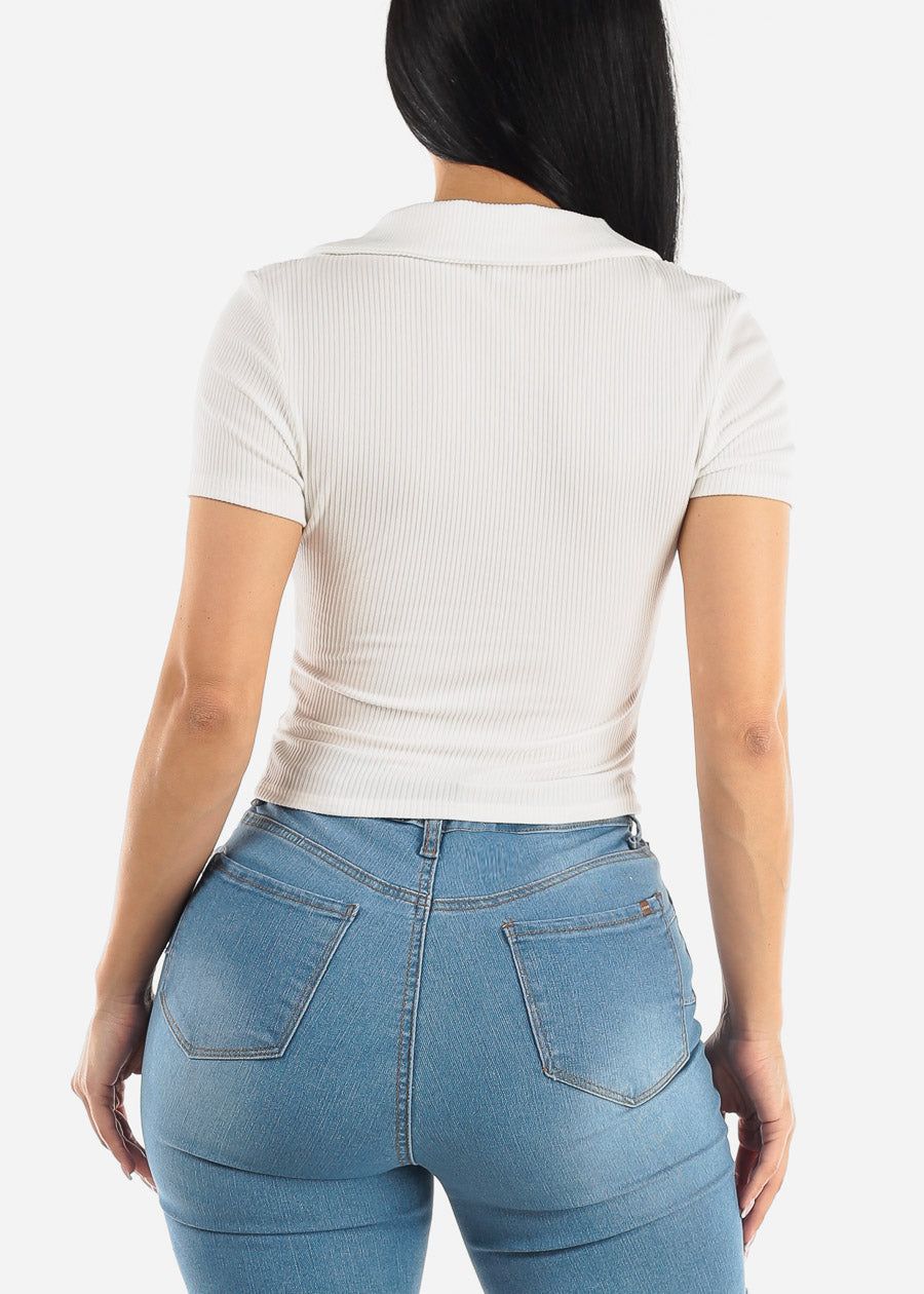 Short Sleeve Button Up White Ruched Top sold by Moda product image thumbnail 4