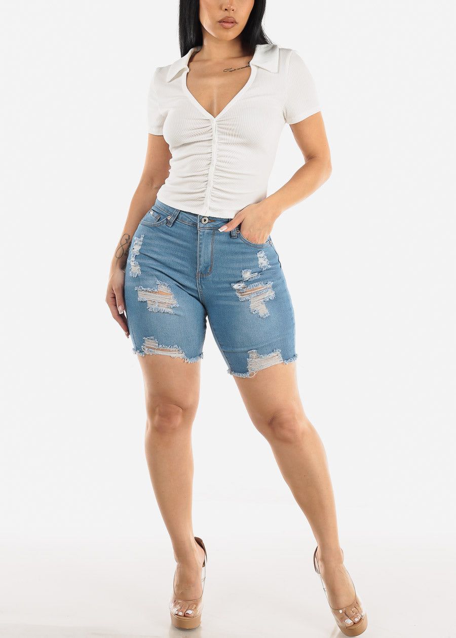 Short Sleeve Button Up White Ruched Top sold by Moda product image thumbnail 2