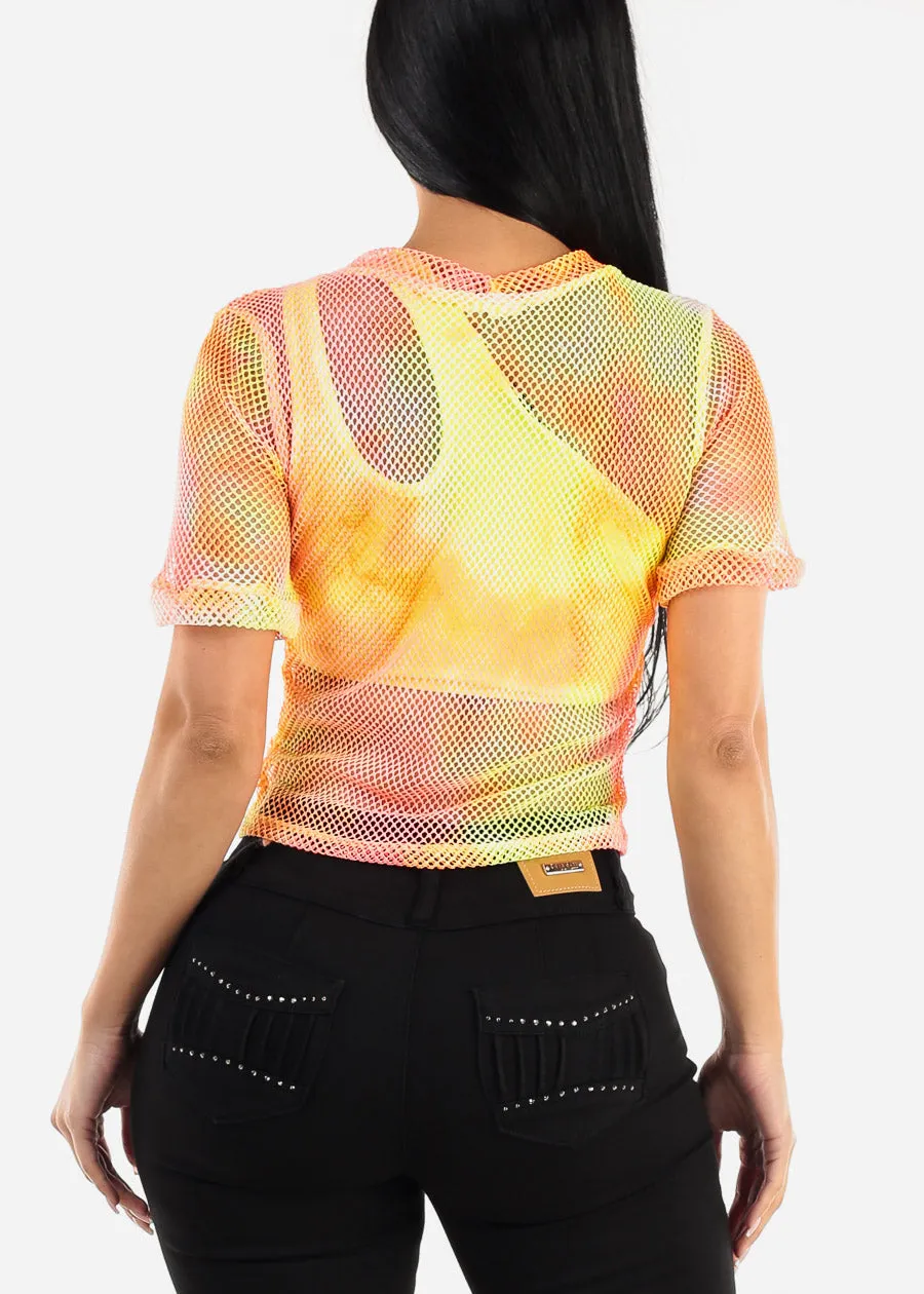 Short Sleeve Tie Dye Fishnet Top Neon Orange sold by Moda product image thumbnail 4