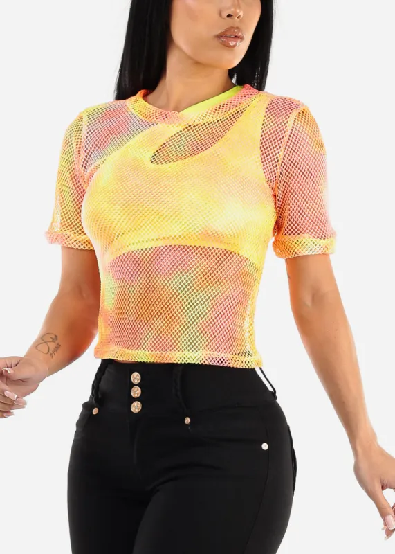 Short Sleeve Tie Dye Fishnet Top Neon Orange sold by Moda