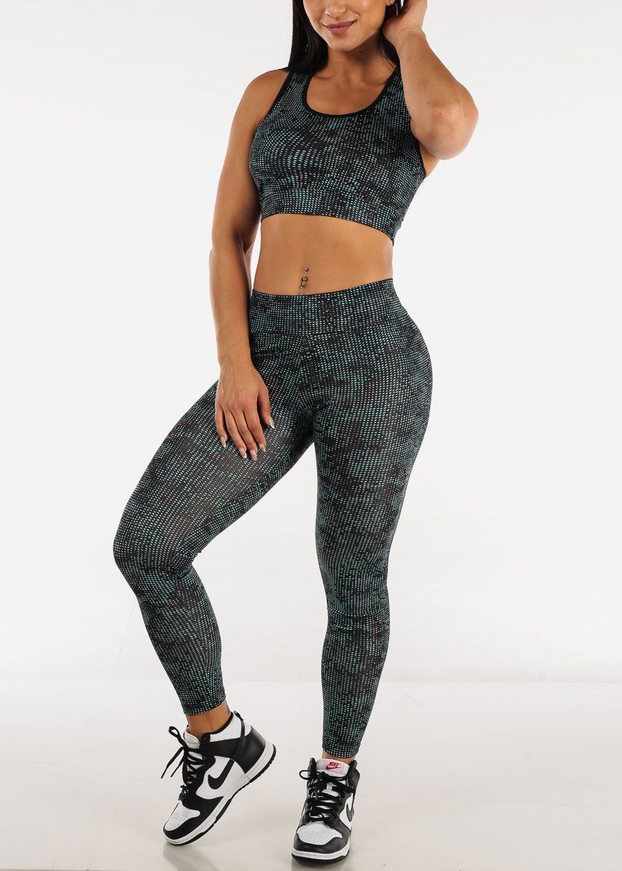 High Waist Printed Leggings with Matching Sports Bra Green (2 PCE SET) sold by Moda