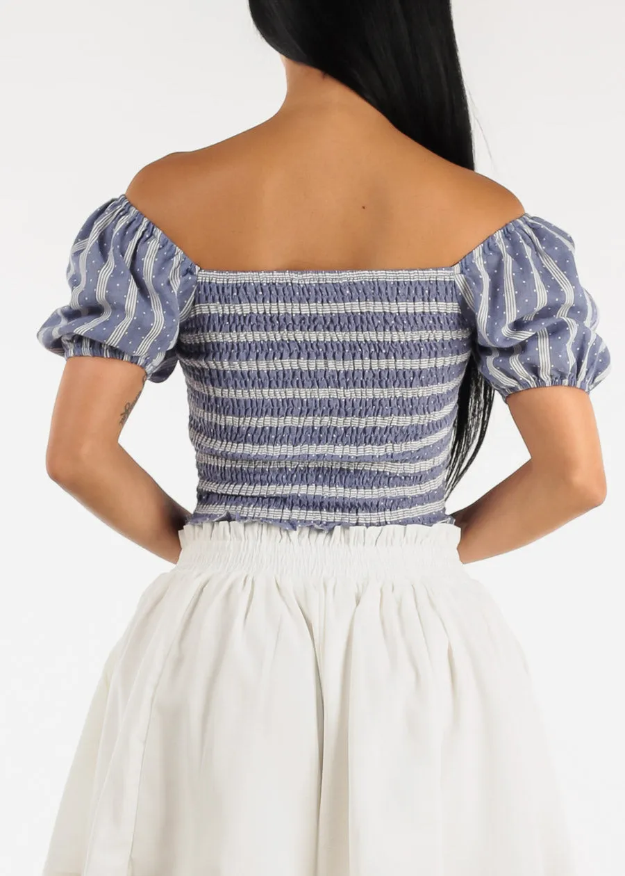Short Puff Sleeve Smocked Denim Crop Top sold by Moda product image thumbnail 4