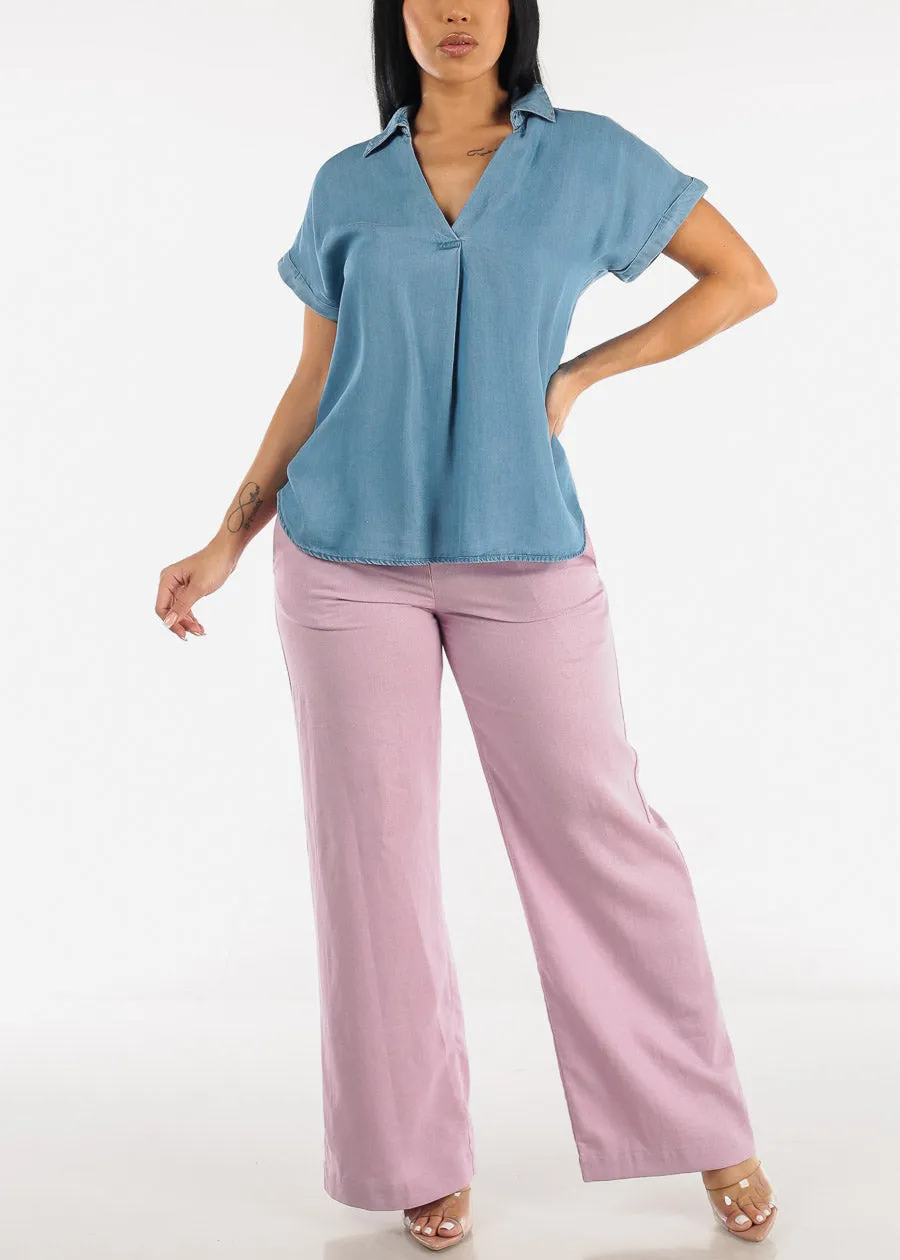 Short Sleeve Collared Denim Top sold by Moda product image thumbnail 2