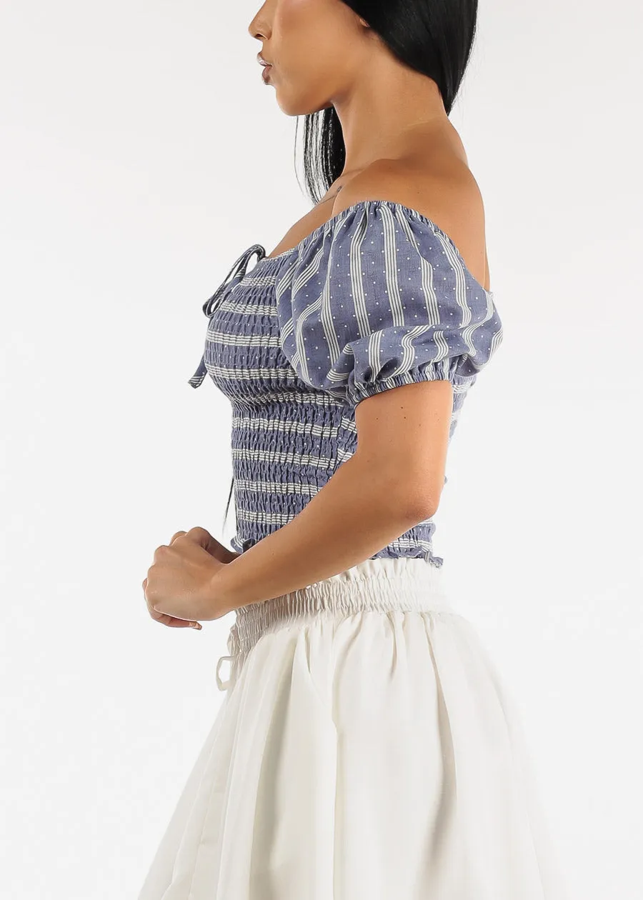 Short Puff Sleeve Smocked Denim Crop Top sold by Moda product image thumbnail 3