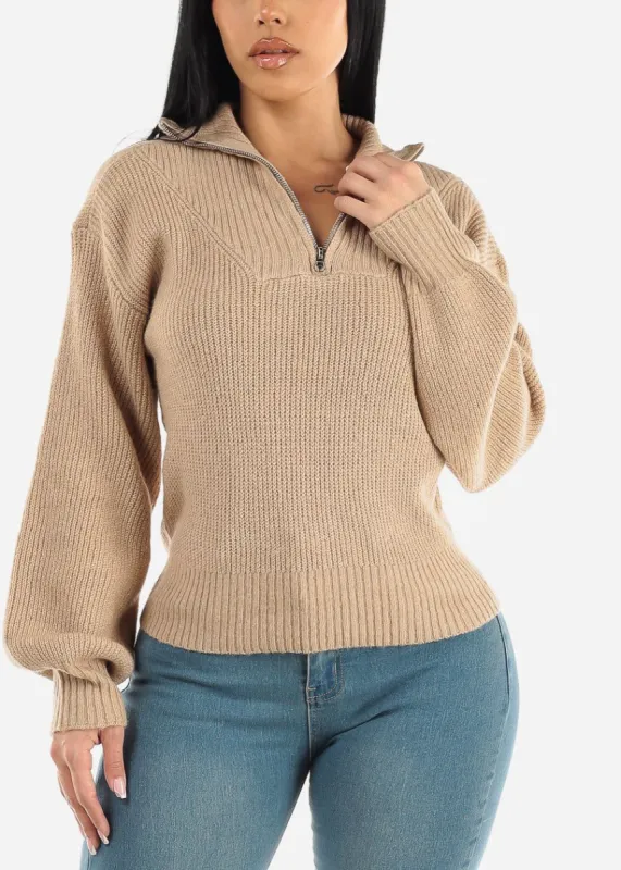 Mock Neck Half Zip Up Pullover Mossy Sweater Beige sold by Moda