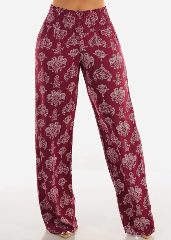Boho Smocked Waist Floral Palazzo Pants Burgundy sold by Moda