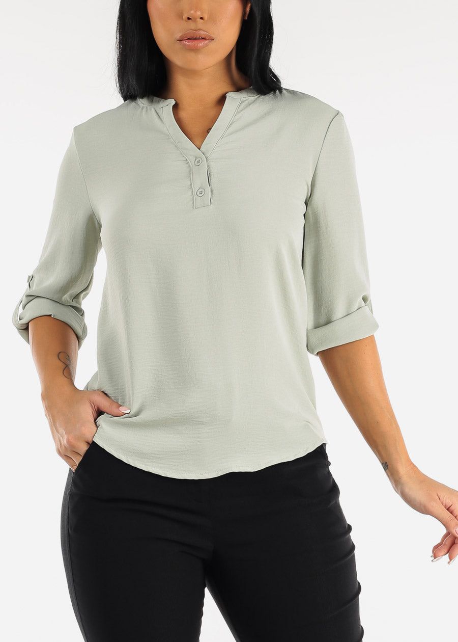 Quarter Sleeve Sage Woven Blouse sold by Moda