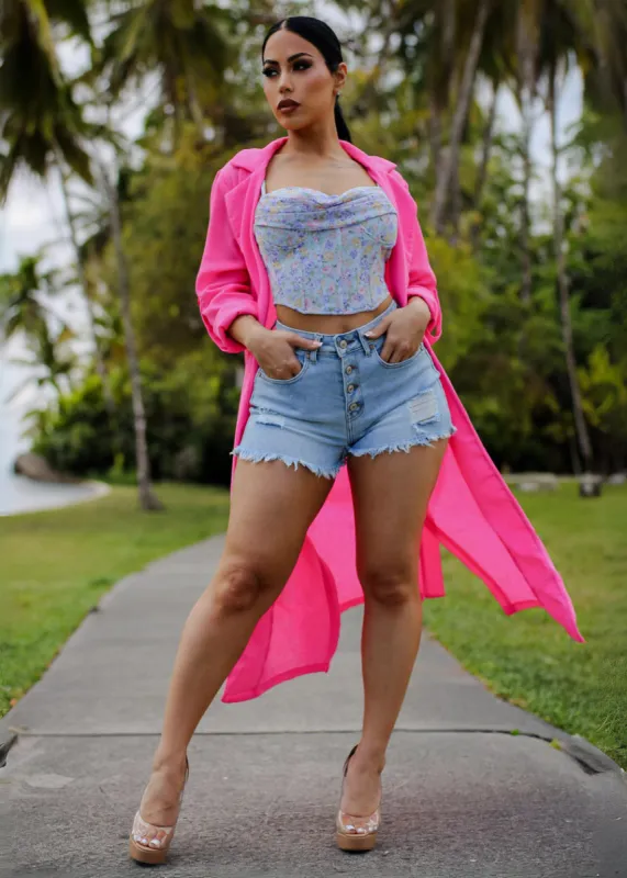 Long Sleeve Trench Coat Hot Pink w Pockets sold by Moda