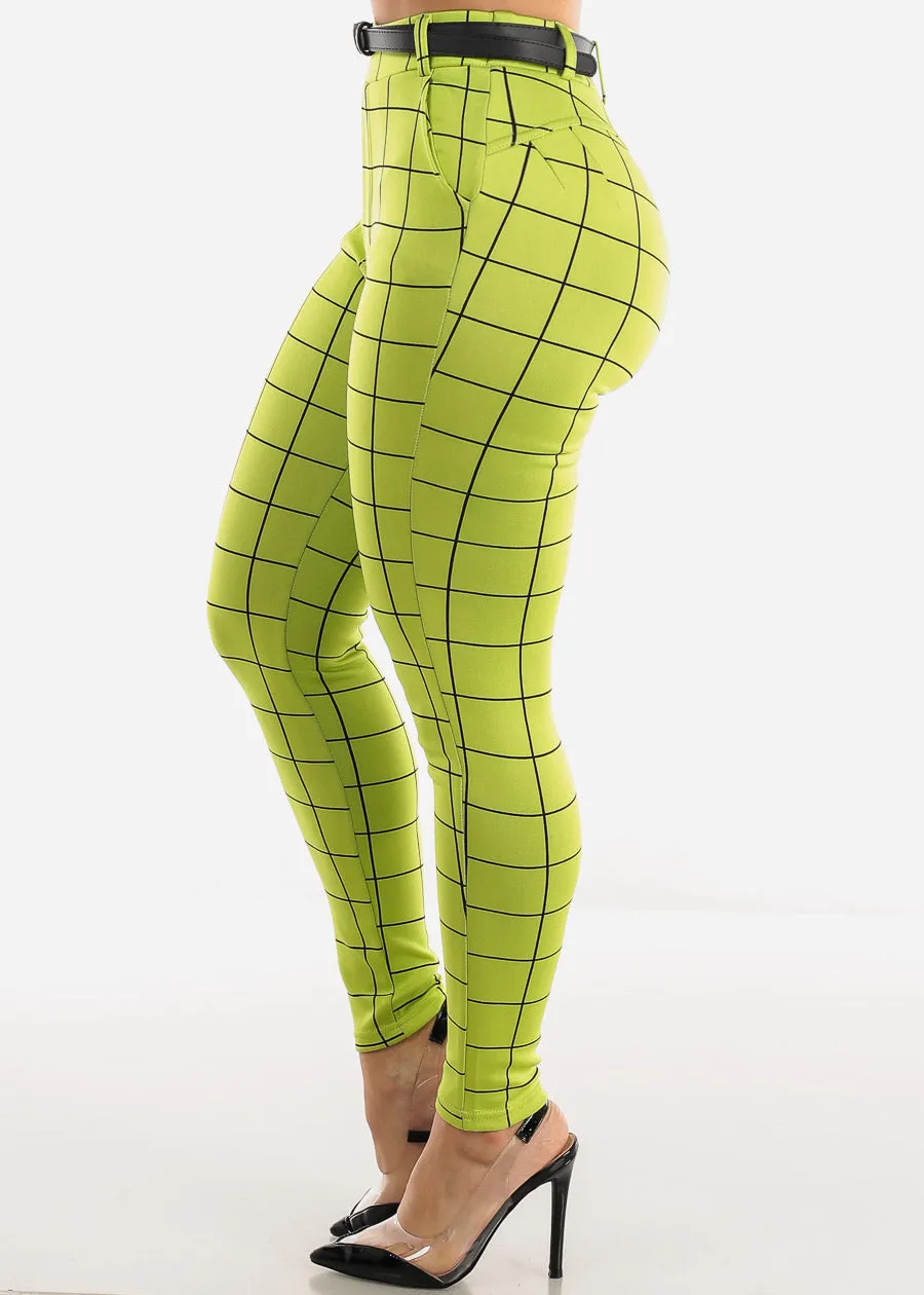 Butt Lift High Rise Plaid Skinny Pants Neon Green w Belt sold by Moda product image thumbnail 5