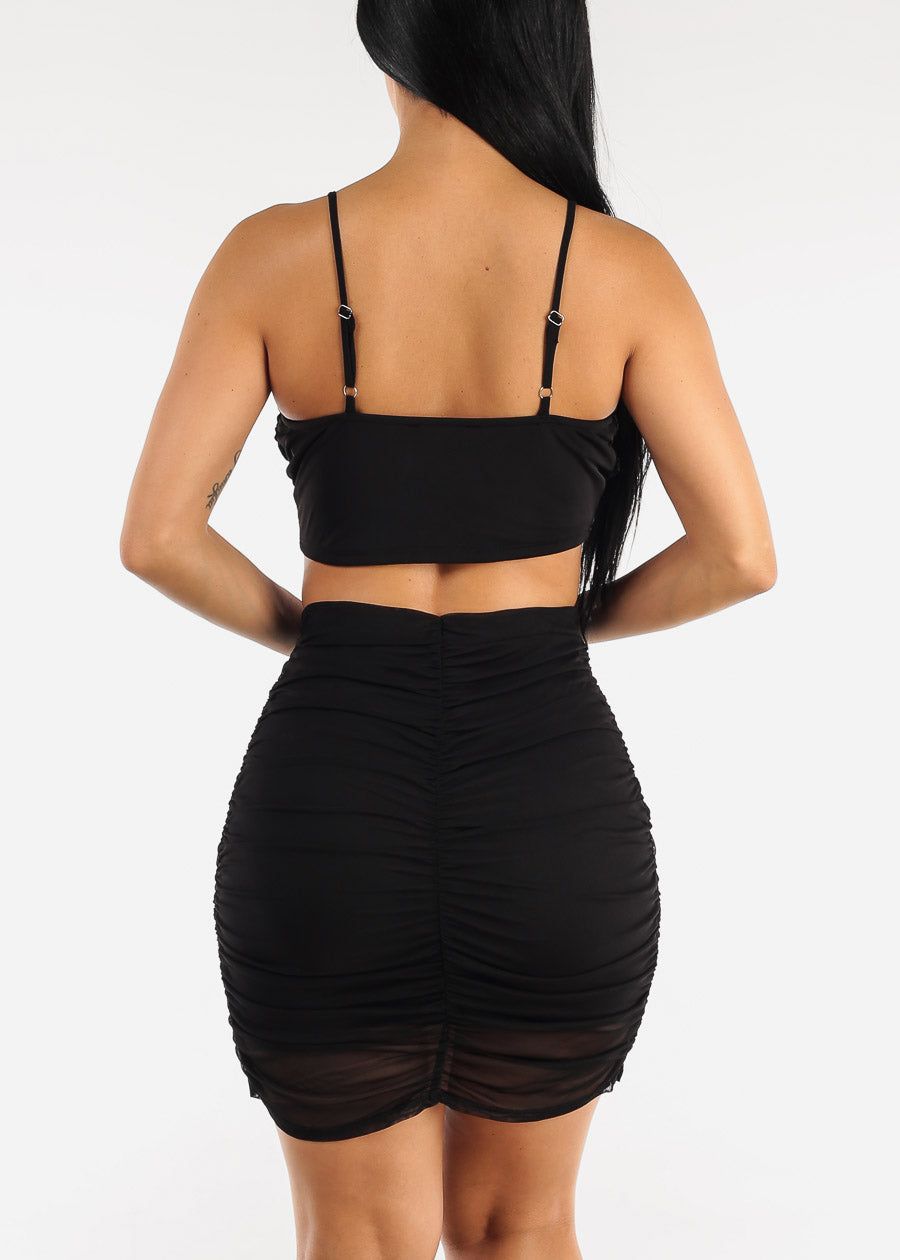 Black Ruched Mesh Lace Up Crop Top & Mini Skirt (2 PCE SET) sold by Moda product image thumbnail 4