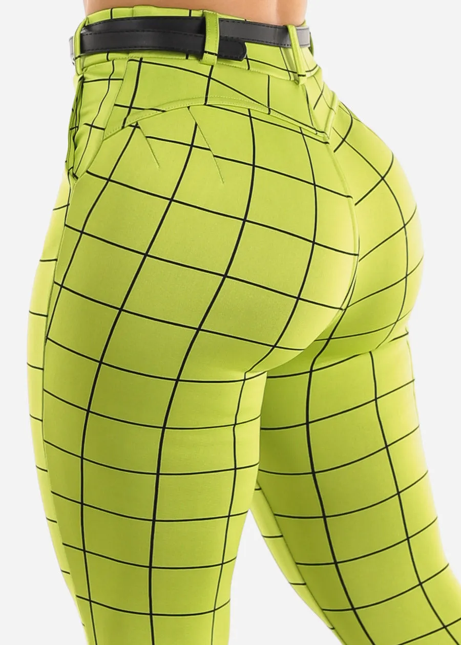 Butt Lift High Rise Plaid Skinny Pants Neon Green w Belt sold by Moda