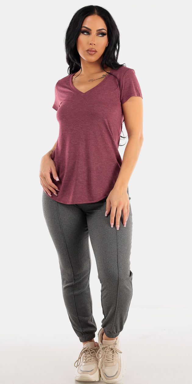 High Waist Charcoal Jogger Pants with Vneck Short Sleeve Burgundy Top sold by Moda