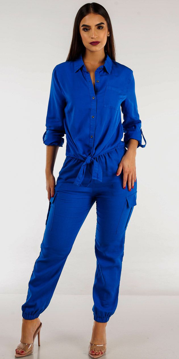 Blue High Rise Linen Cargo Joggers with Blue Button Up Tie Front Blouse sold by Moda