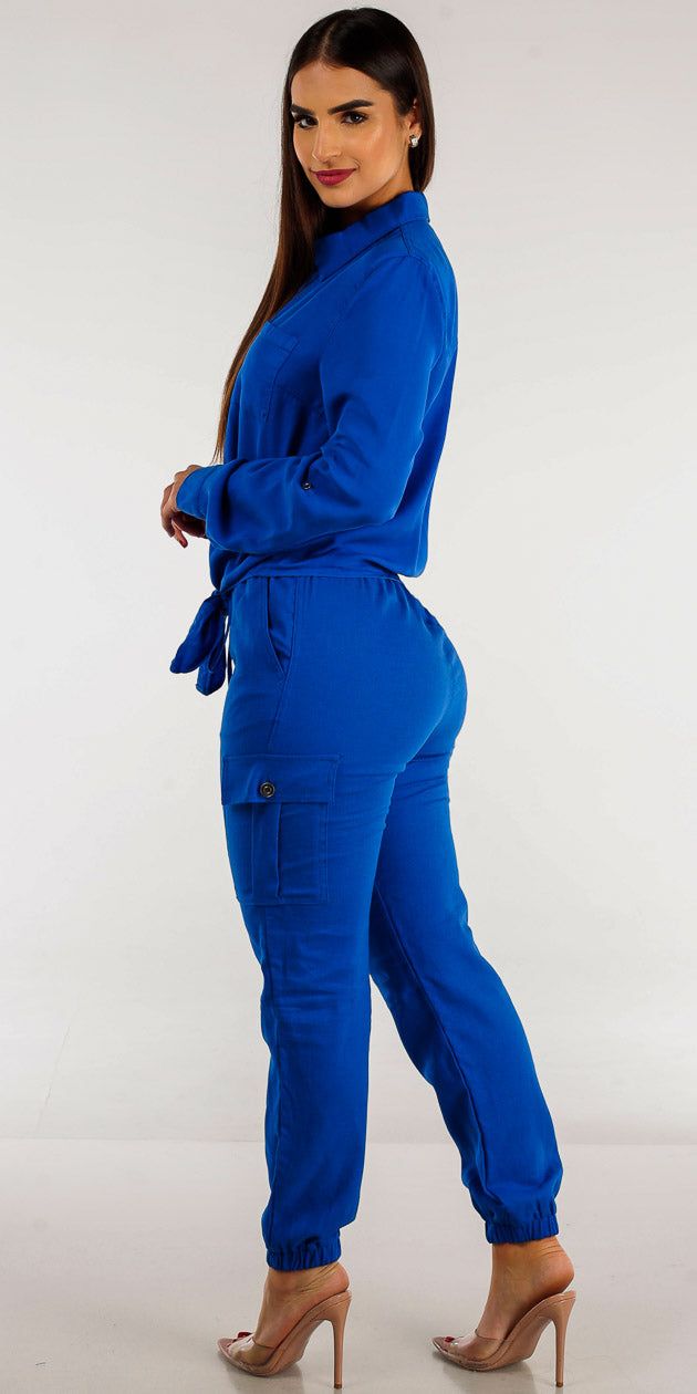 Blue High Rise Linen Cargo Joggers with Blue Button Up Tie Front Blouse sold by Moda product image thumbnail 2