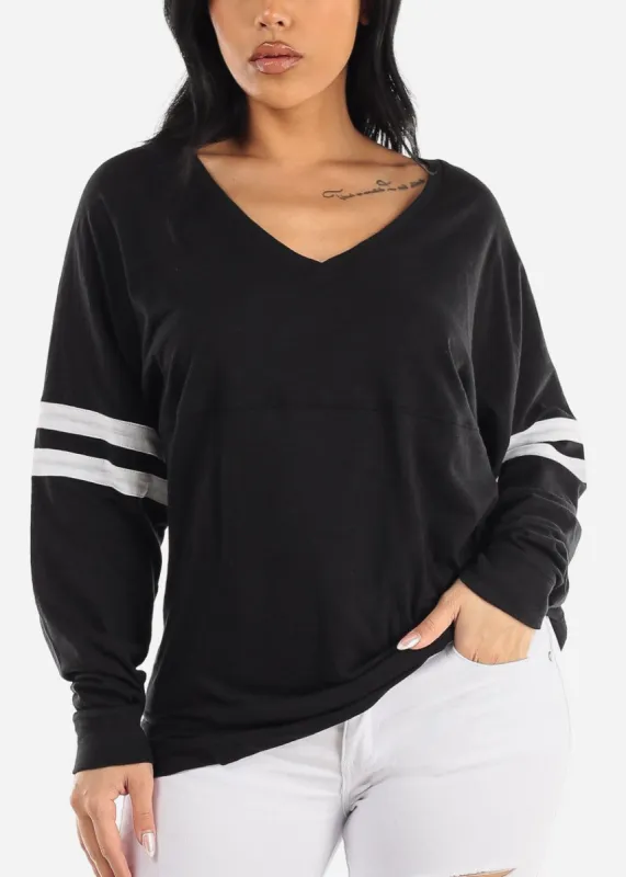 Black Varsity V-Neck Long Sleeve Tunic T-Shirt sold by Moda