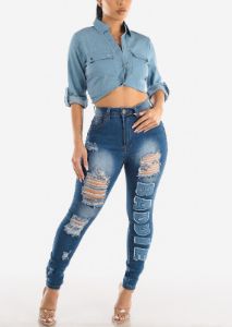 Super High Waisted Distressed Baddie Skinny Jeans sold by Moda