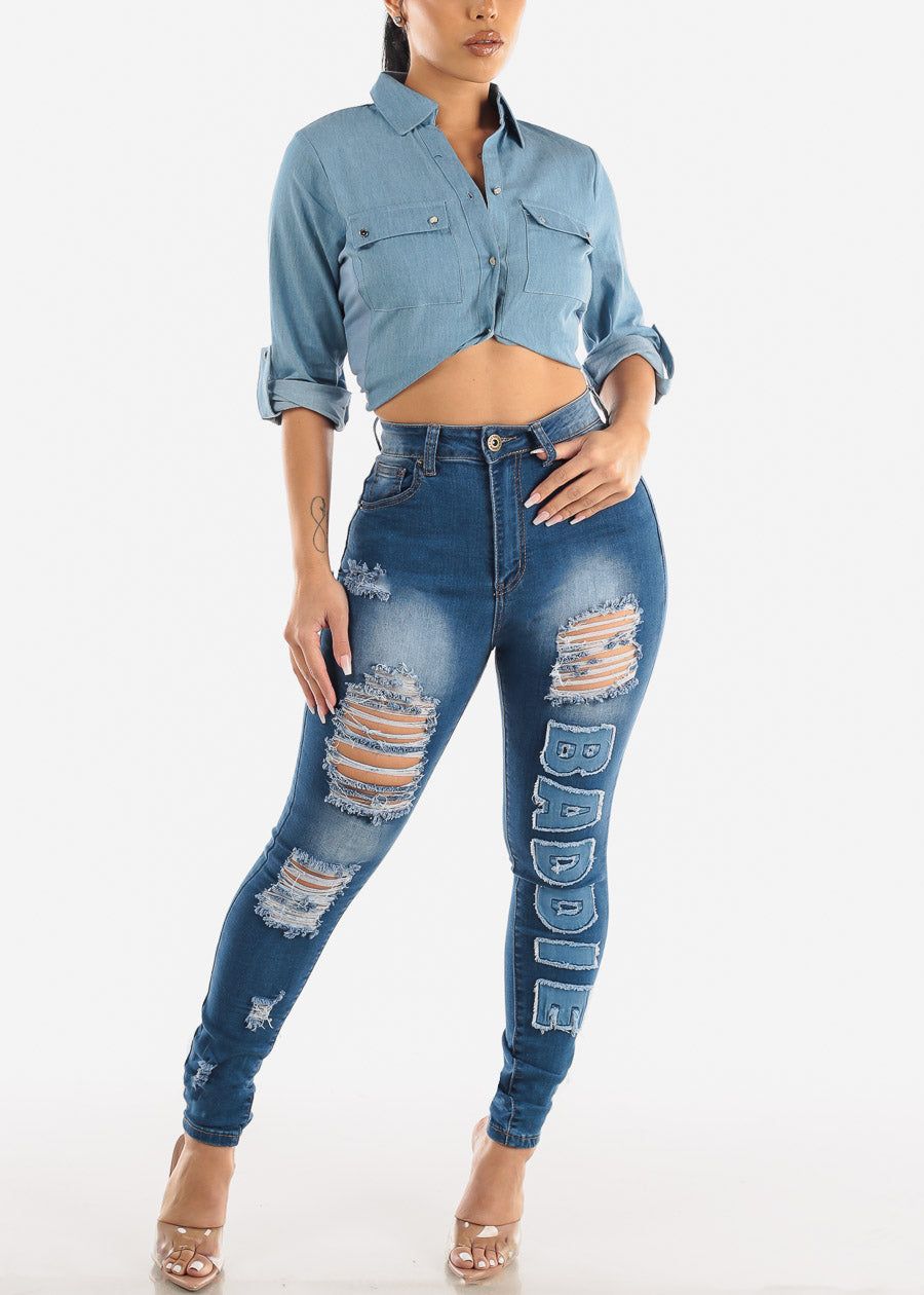 Super High Waisted Distressed Baddie Skinny Jeans sold by Moda product image thumbnail 5