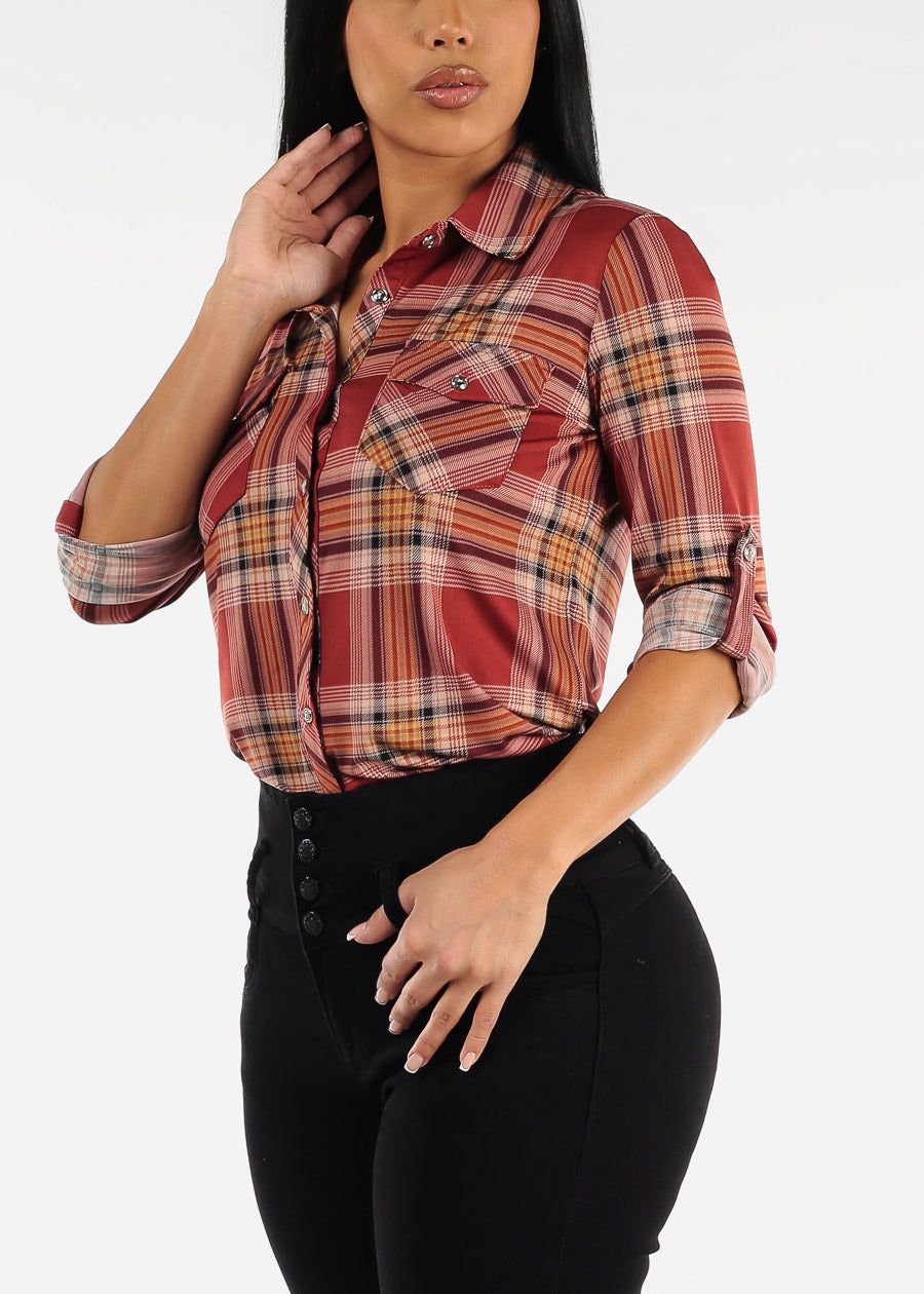 Casual Button Up Burgundy Plaid Shirt sold by Moda