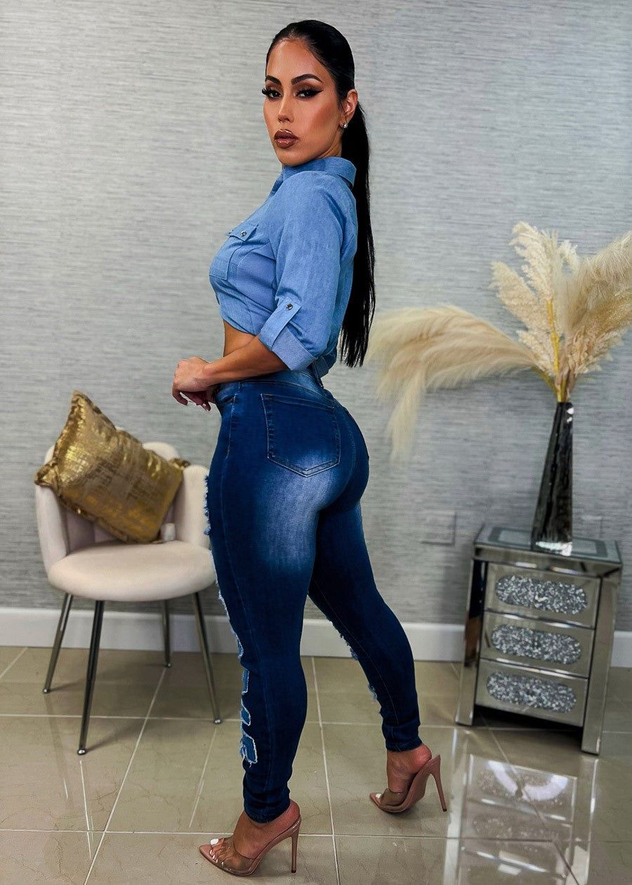 Super High Waisted Distressed Baddie Skinny Jeans sold by Moda product image thumbnail 4