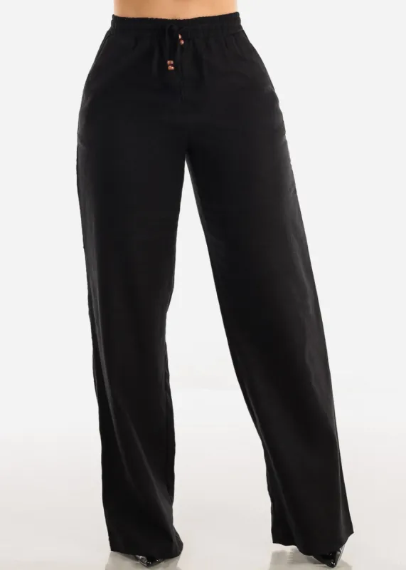 Black Linen Drawstring Waist Straight Leg Pants sold by Moda