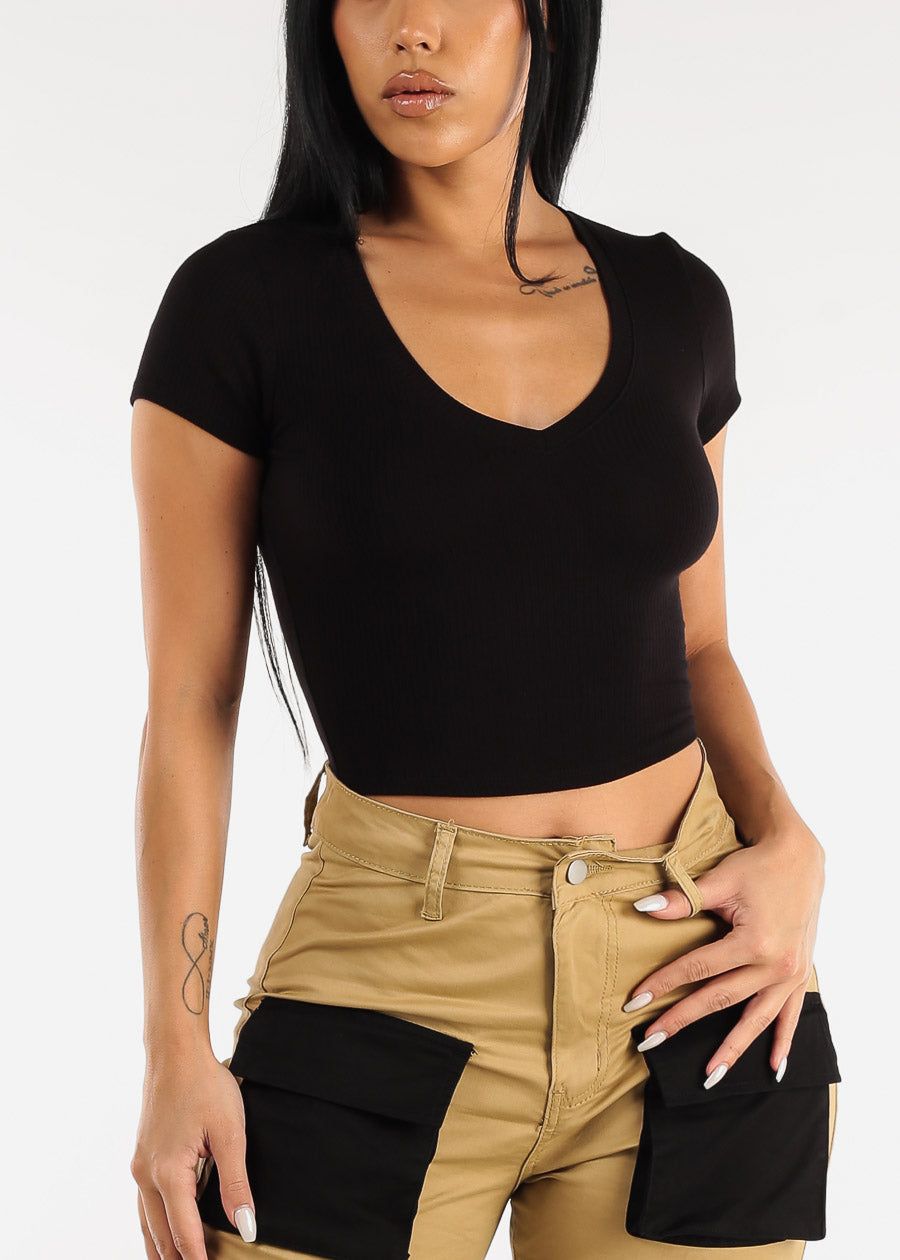 Black Ribbed Vneck Short Sleeve Crop Top sold by Moda