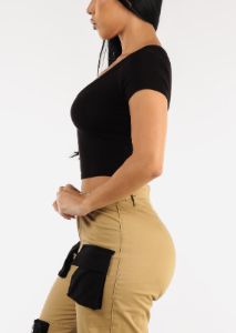 Black Ribbed Vneck Short Sleeve Crop Top sold by Moda