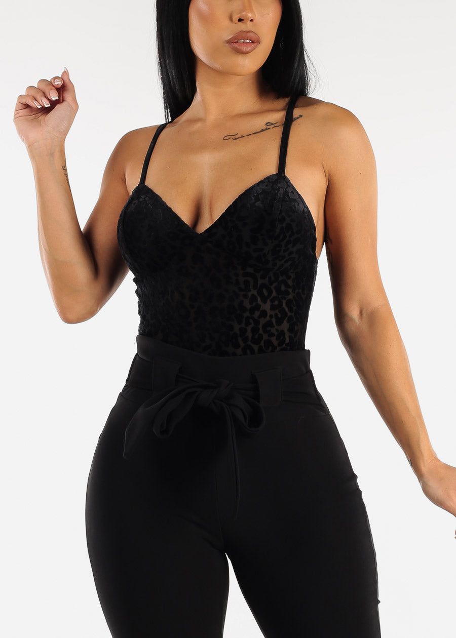 Sleeveless Velvet Burnout Leopard Bodysuit Black sold by Moda