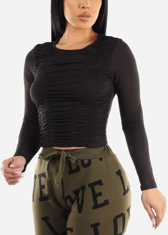 Black Long Sleeve Front Ruched Fitted Top sold by Moda