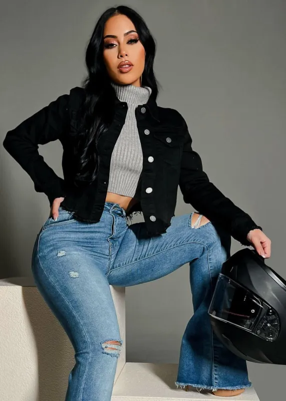 Black Button Up Ripped Hem Denim Jacket sold by Moda