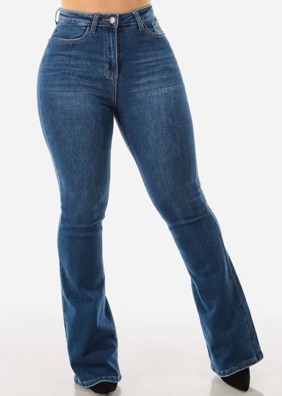 Super High Rise Flared Jeans Dark Med Blue sold by Moda