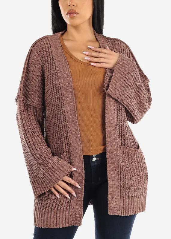 Long Sleeve Soft Knit Maxi Cardigan Brown w Pockets sold by Moda