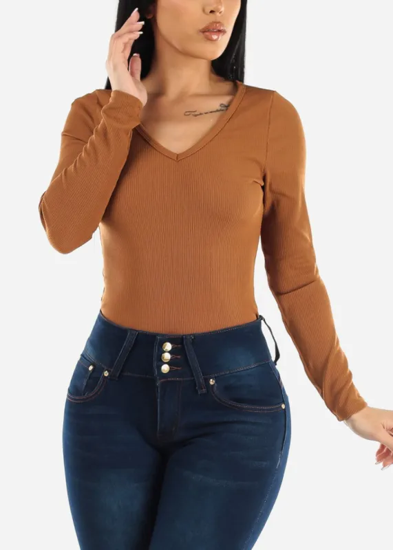 Basic V-neck Long Sleeve Fitted Top Light Brown sold by Moda