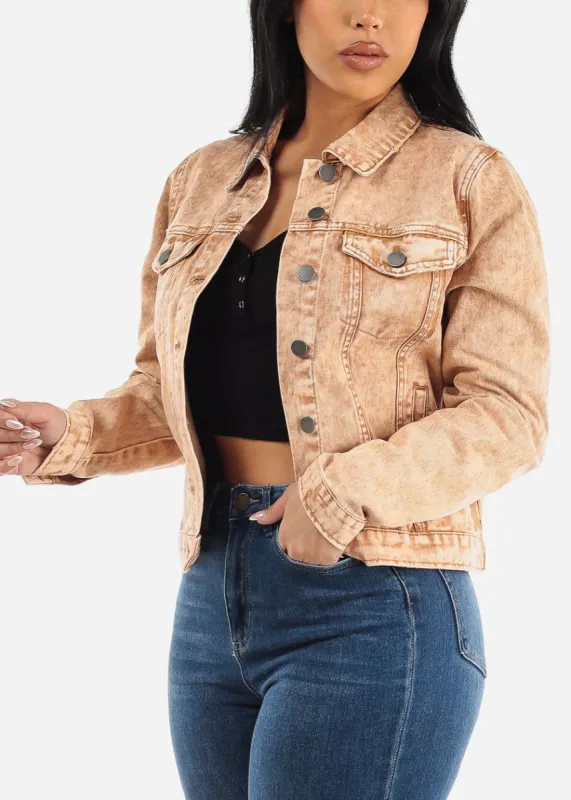 Long Sleeve Button Up Acid Wash Denim Jacket Khaki sold by Moda