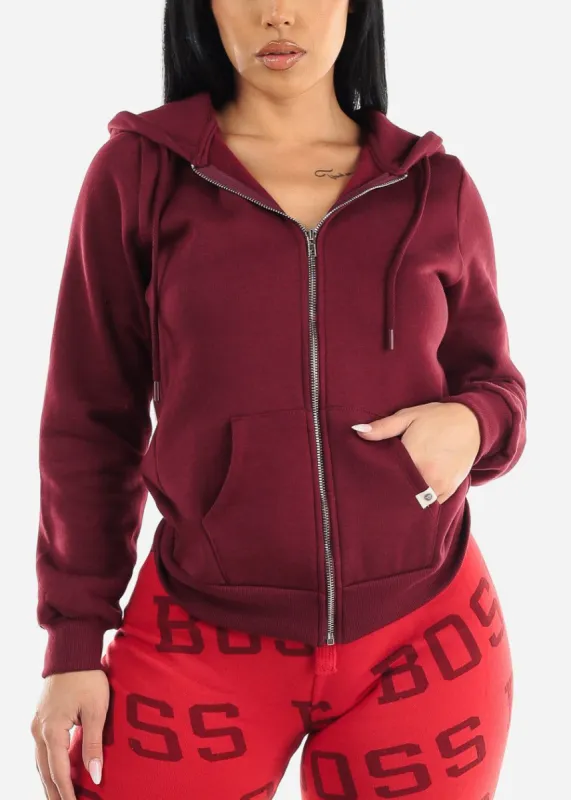Fleece Zip Up Long Sleeve Hoodie Burgundy sold by Moda