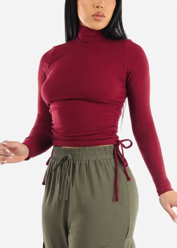 Long Sleeve Turtleneck Top Wine w Adjustable Drawstring Sides sold by Moda