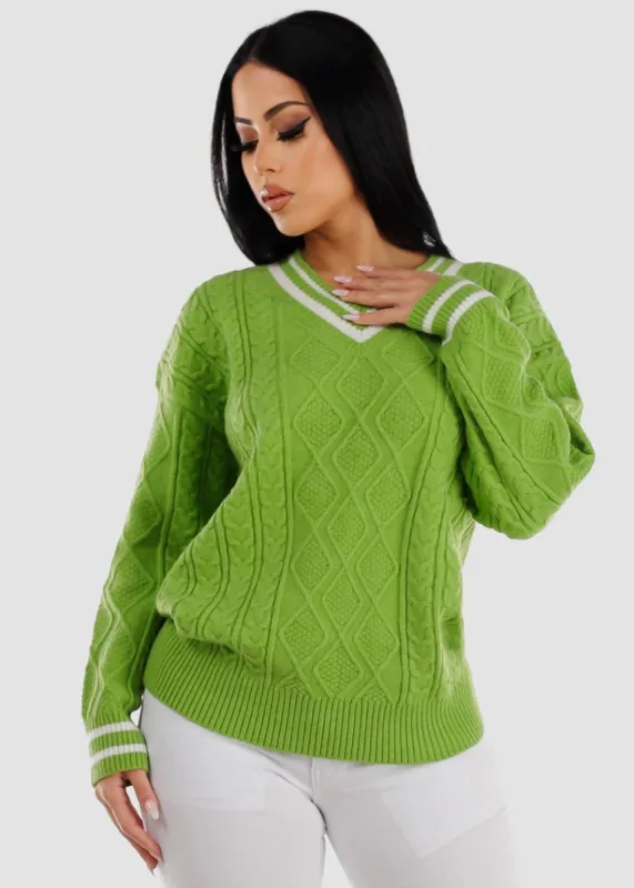Long Sleeve Cable Knit V Neck Sweater Light Green sold by Moda